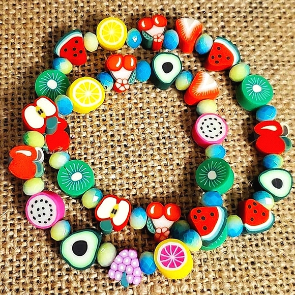 Set of 2 handmade polymer clay fruit bead bracelets for girls. - Picture 1 of 6